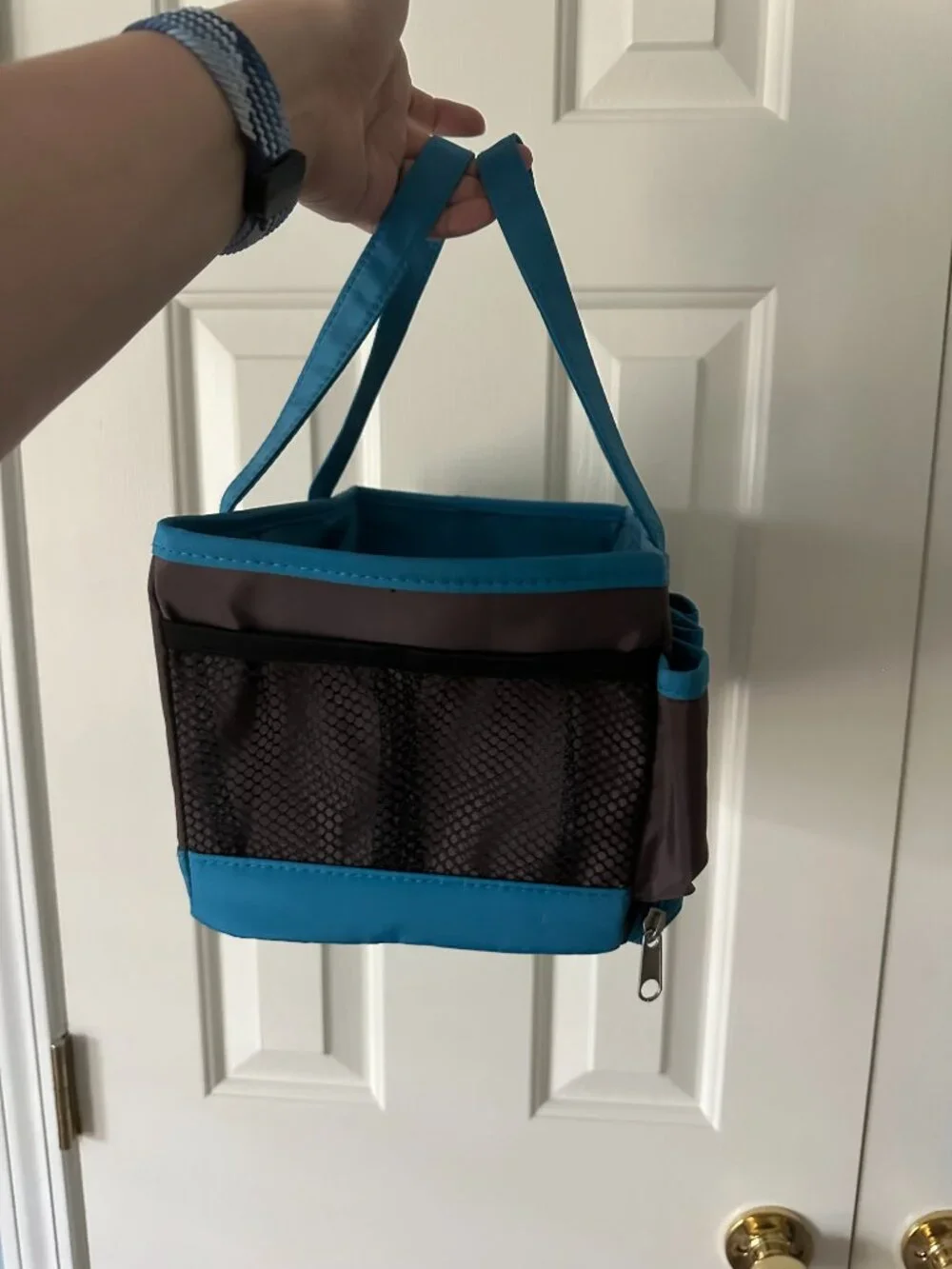 Brown and Blue Multi-Pocket Organizer Tote Bag